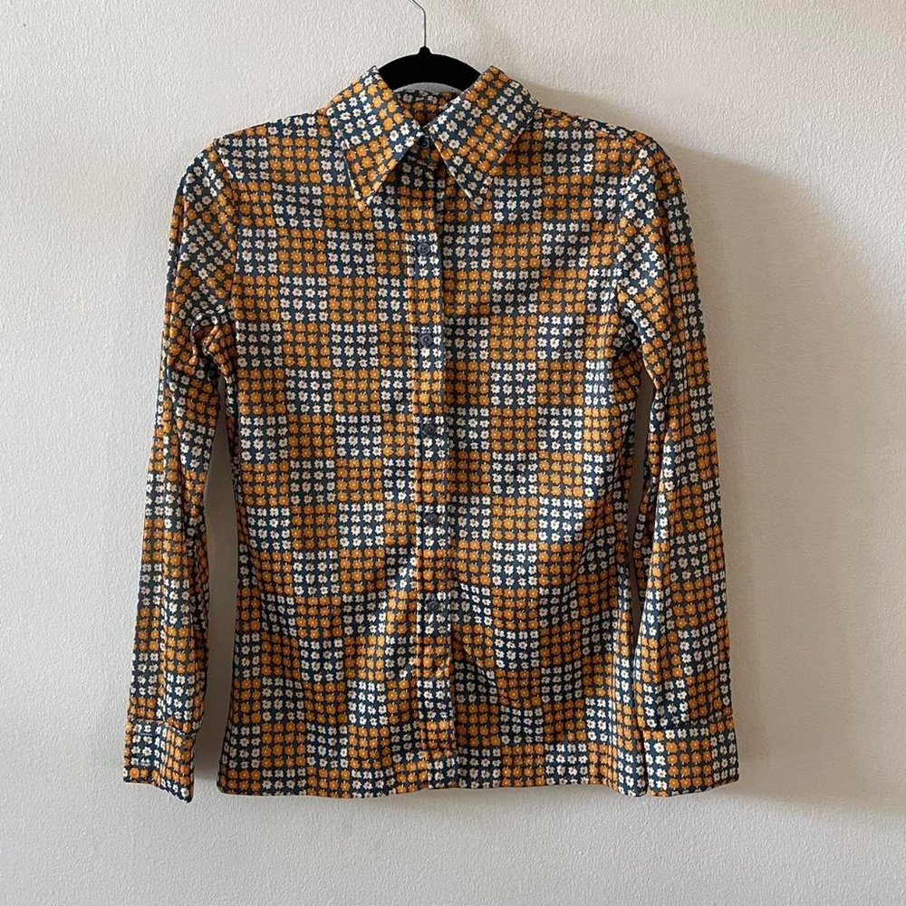 Vintage 70s floral checkerboard button down blouse